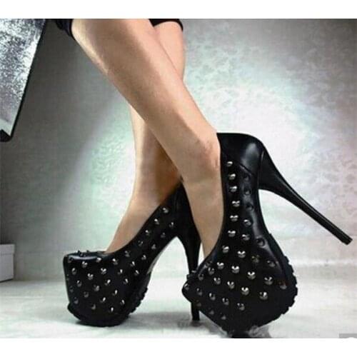 Hot selling punk style solid black color round toe rivets studded high platform dress shoes spike heel woman pumps big size 43