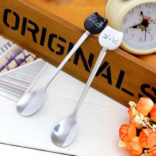 300pcs/lot Cartoon White Black Cat Spoon Stainless Steel Tea Coffee Ice Cream Spoons Tableware Decor LX1304