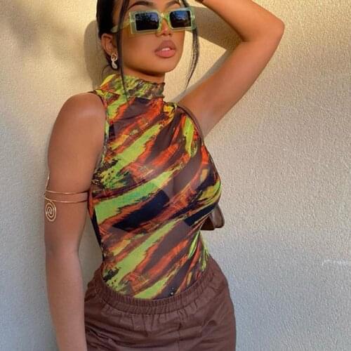 BKLD Fashion Printed Women Clothing 2021 New Summer Sexy See-Through Round Neck Slim Mesh Bodysuit One Piece Outfit Clubwear