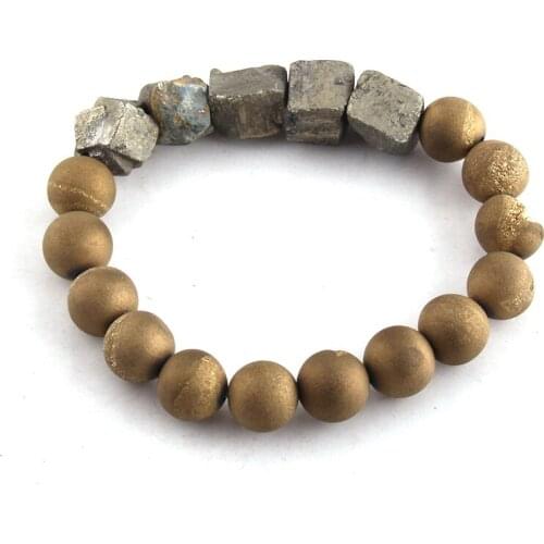 Fashion Women Jewelry Irregular Natural Pyrite Stone 10mm Druzy Beads Bracele DropShippers