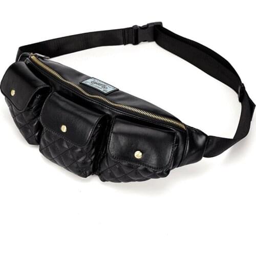 Newest Moto Biker Style Men Leather Waist Bags Black Solid Fanny Pack Travel Belt Purse Shoulder Bags Wallet Cellphone Waist Bag