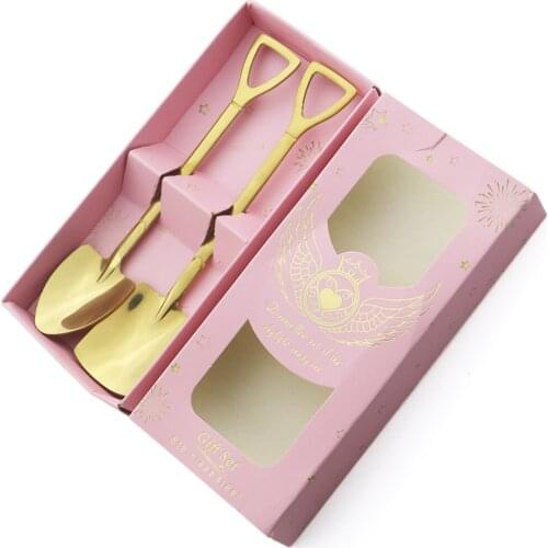 Gold Stainless Steel Shovel Spoon Set Creative Teaspoon Dessert Spoon Cutlery Set Ice Cream Stirring Spoon Tool with Gift Box
