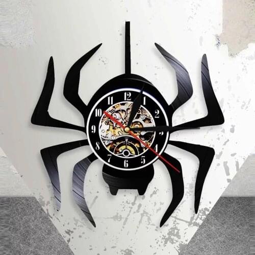 Black Widow Spider Vinyl Record Wall Clock Spooky Spider Araneid Halloween Party Creative Silent Hanging Animals Decor Watch