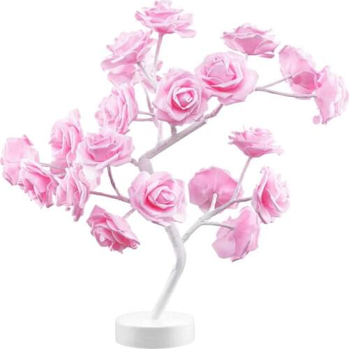 Table Lamp Rose Flower Tree Lamp Gift for Girls Teens Home Decor for Wedding Christmas Bedroom with 24 Roses USB/Battery Power