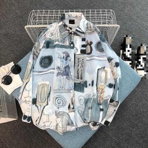 Egyptian Abstract Print Shirt Mens long sleeve silhouette loose flower bud sleeve shirt