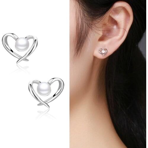 Cute 925 Sterling Silver Heart Freshwater Pearl Stud Earrings For Women Girls Child Kids Jewelry Orecchini Aros Aretes Orecchini