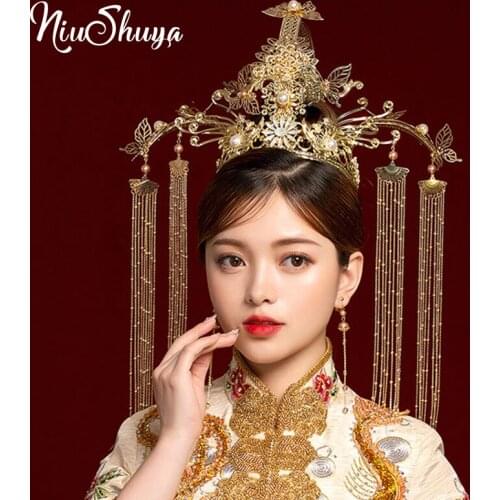 NiuShuya Vintage Chinese Vintage Bridal Headband Ancient Gold Long Tassels Wedding Jewelry Large Stage Show Hair Accessories
