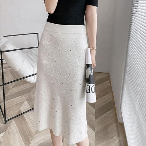 2021 Autumn Women Skirts Elastic High Waist Elegant Straight Skirts Women Bodycon Midi Skirts Split Hem Kintted Jupe Femme Saia