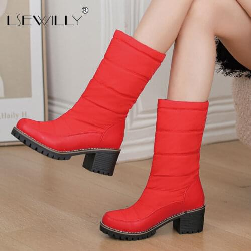 Lsewilly 2021 Cold Weather Winter Super Warm Faux Fur Plush Lined Down Fabric Womens Shoes Chunky High Heels Mid-calf Snow Boots