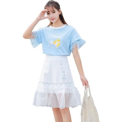2020 S-XL Womens T Shirt And Skirt Two Piece Sets Cartoon Print Short Sleeve T Shirts Elastic Waist Lace Patchwork Mini Skirt