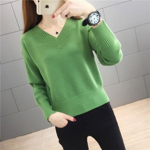 Autumn Spring Style Women Knitted Pullover Tops Lady Casual Long Sleeve V-Neck Sweater Pullover ZZ1111