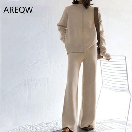 Genayooa Winter Tracksuit 2 Piece Pant Suits For Women Knitted Long Sleeve Two Piece Set Top And Pants Women Suit Outwear Korean