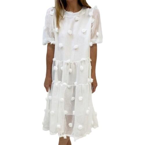 New Summer Women Dress Office Casual Puff Sleeve Loose Elegant Net Yarn Small Flower Dresses Beach Party
