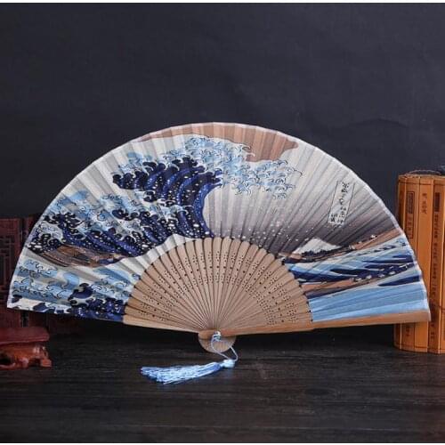 100pcs/lot 100% Silk Hand Fan Mount Fuji Kanagawa Waves Vintage Japanese Fan Decorations SN1396