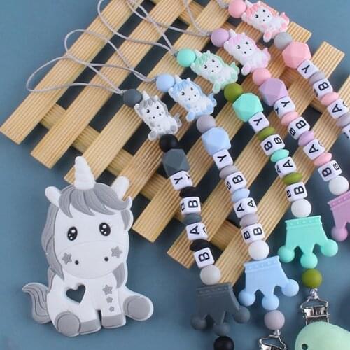 2Pcs/set Newborn Baby Silicone Teether with Unicorn Animal Teether Chain Pacifier Clips Holder for Infant Toddler