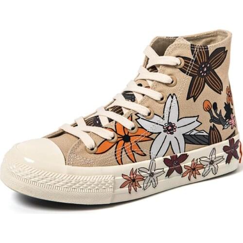 2019 Fashion Canvas Shoes Women Girls Flower Doodle Sneakers Ladies Vulcanized Shoe High Top Lacing Flat Heel Casual Shoes T2-01