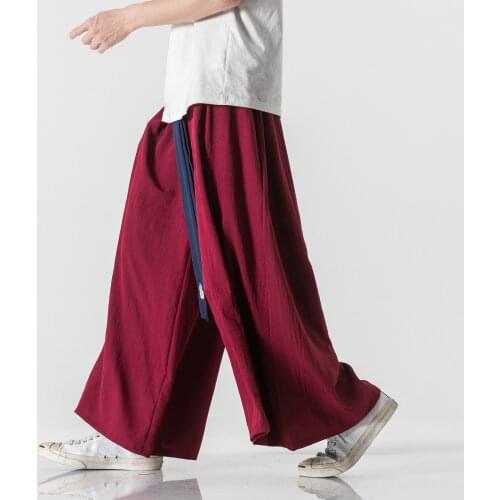 2021 Summer Men Cotton Linen Wide Leg Pants Mens Chinese Style High Street HanFu Trousers Male Big Draped Crotch Robe Pants 3XL