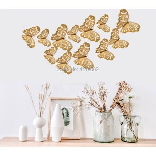 300Sets 12 Pcs/Set 3D Wall Stickers Butterfly Hollow Paper 3Sizes Silver Gold For Fridge Home Party Wedding Decor