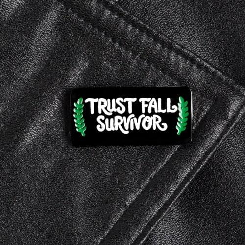Trust Fall Survivor Pin Black Pin Quote slogan rectangle Enamel pins Brooches for Women Jackets bag Jewelry adventure Lover Gift