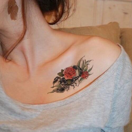 Scorpion King Temporary Tattoos Fake Sticker Body Art Arm Chest Neck Waterproof Tattoo for Women Men Red Rose Style Tatoos Paper