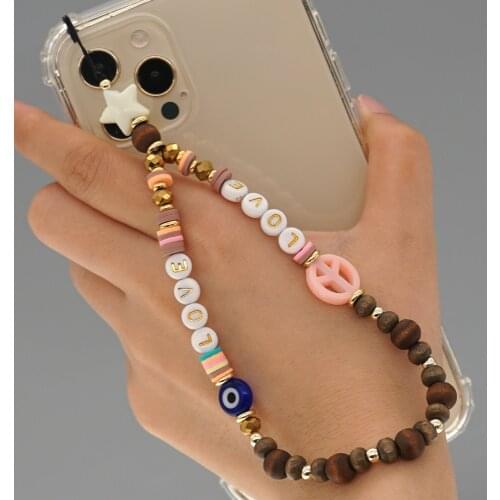 Go2Boho Chain For Phone Charm Beads Chains Cell Phone Cord Accessories Peace Sign Jewelry Wood Beads Straps 2021 Mobile Lanyard