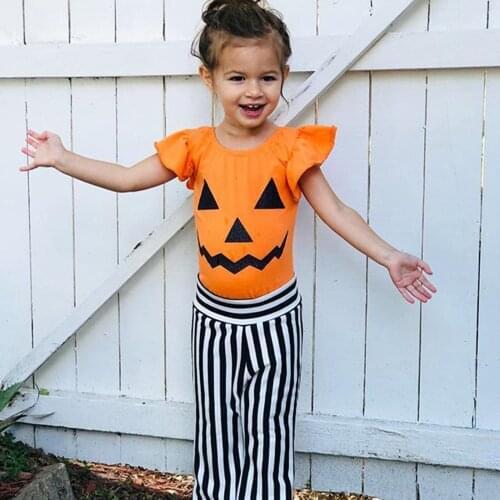 Kids Halloween Outfits Fashion Short Ruffled-Sleeves T-shirts Tops + Stripe Bell-Bottoms 2 Piece Set for Girls 1-6 Years