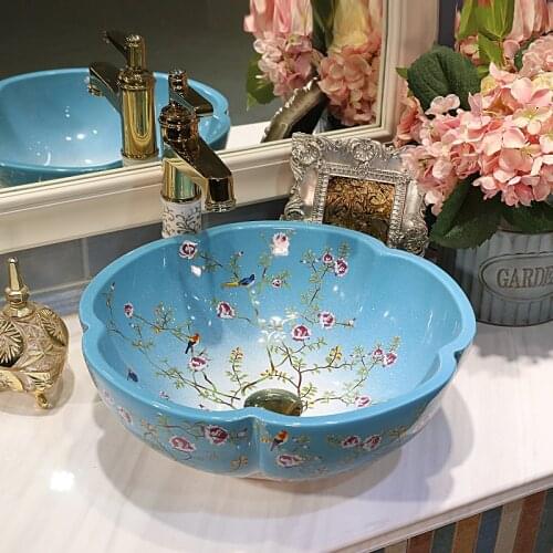 Home & Hotel Decor Artistic China Painting Ceramic Art Bathroom Vessel Sinks flower counter top hair wash basin plum blossom