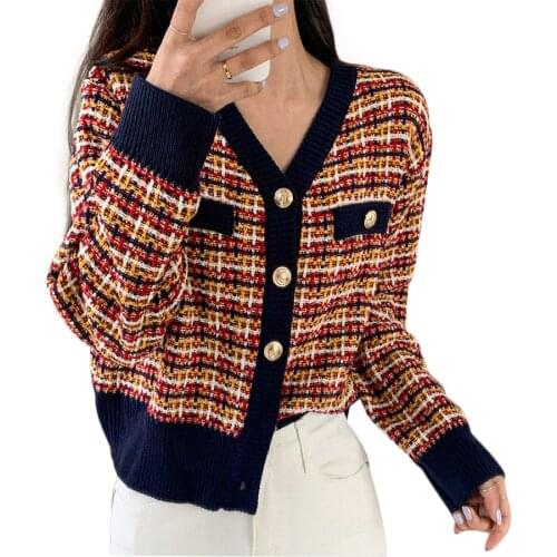 Cardigan Sweater 2020 New Womens Sweater Fashion Plaid V-neck Tweed Cardigan Elegant Ladies Tops Outwear Korean Coat #CC520