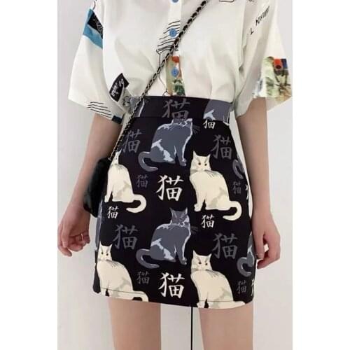 Summer Skirt Cat Graphic Print Harajuku Japanese Fashion Thin Black High Waist Mini A Line Skirt Character Streetwear Bottoms