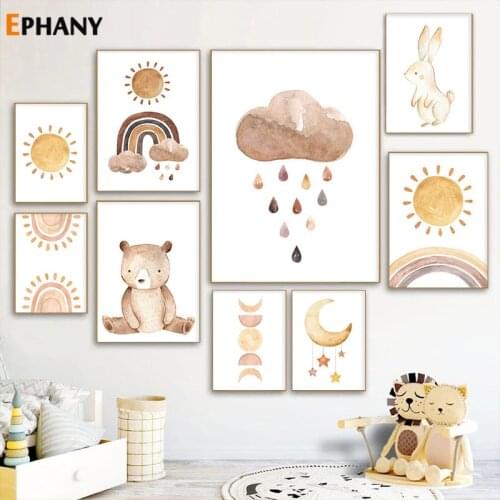 Cartoon Watercolor Moon Sun Rainbow Cloud Nursery Wall Art Bear Bunny Print Canvas Painting Nordic Poster Picture for Kid Room