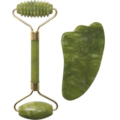 Facial Massage Jade Roller Guasha Board Plate Set Face Skin Care Massager Tool Beauty Lifting Slimming Scraper Green Stone 2pcs