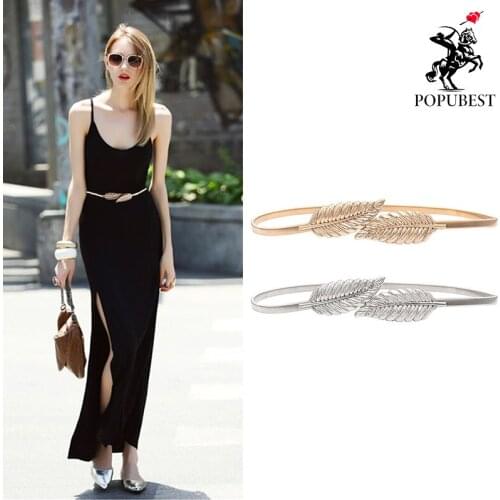 2021 New Flower Leaves Metal Buckle Belt for Women Ladies Elastic Waist Chain Belts Fashion Female Gold Thin Belts