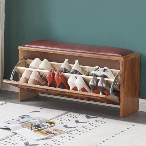 New Chinese Style Solid Wood Shoe Changing Stool Tipping Bucket Type Soft Bag Cushion Household Entrance Porch Sofa Shoe Wearing