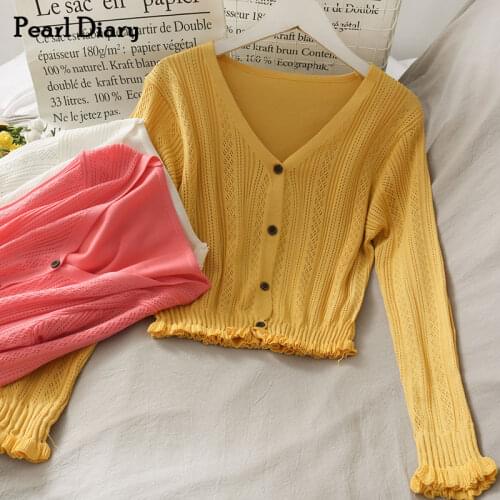 Pearl Diary Women Spring Autumn Knitted Cardigan V Neck Long Sleeve Knitting Top Lettuce Edge Flounce Hem Casual Sweet Cardigan