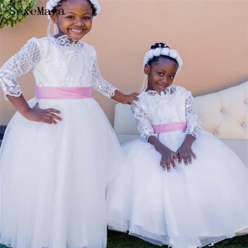 Flower Girls Dresses Lace Top Long Sleeve Kids Clothes Birthday Party Gown Girls First Communion Dress Custom Made