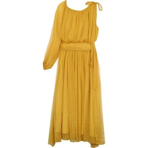 Beach Yellow Chiffon Lantern Sleeve Slanting Flowy Vestidos Elegant Pastel Retro Boho Ukraine Vacation Robe Long Dress Women