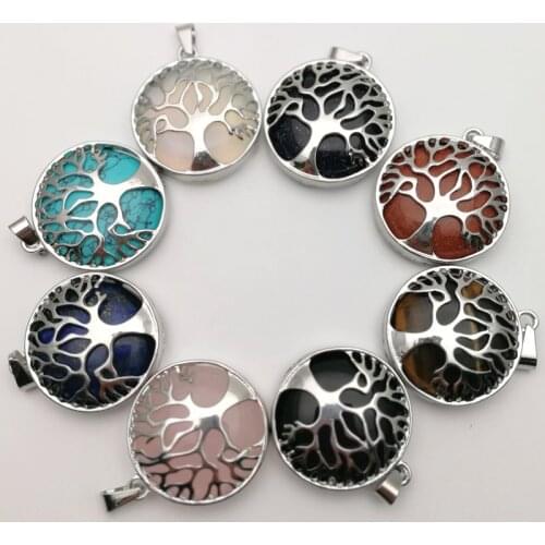 Fashion Tree of Life 12pcs/lot Wisdom Tree Natural Stone Pendant 25mm cabochon beads for Jewelry making Necklace accessories