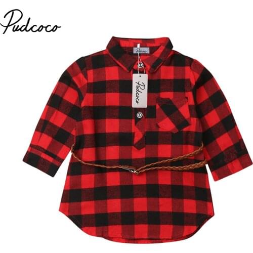 Pudcoco Tartan Dress 0-5Y Newborn Kids Baby Girls Red Plaid Princess Party Long Sleeve Dress Waistband Clothes