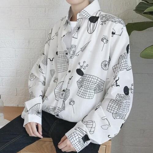 Spring and autumn couple shirt mens Korean loose Print Long Sleeve large lapel bat hip hop shirt