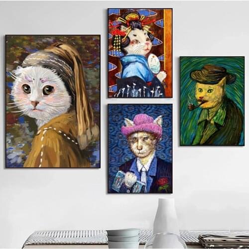 Modern Cat Art Cartoon Canvas Paintings Van Gogh Posters Prints Wall Art Pictures for Living Room Home Wall Decoration Cuadros
