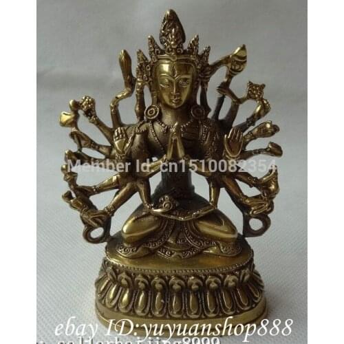 Tibet Brass Buddhism Joss 1000 Hands Kwan-yin GuanYin Buddha Goddess Statue