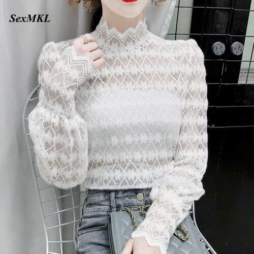 Sexy Hollow Out Lace Blouses Women 2021 Fashion Long Sleeve Casual Ladies Tops White Korean Clothing Slim Basic Camisas Mujer