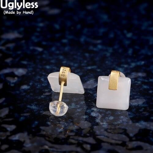 Uglyless 10MM MINI Square Studs Earrings for Women Simple Fashion Jade Agate Earrings Real 925 Silver Brincos Gold Fine Jewelry