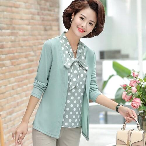 Fake Two Pieces Long Sleeve Tops Women Dot T-Shirt Spring Fall Pullovers Tee 2021 Casual Plus Size Middle Age Mother Clothes