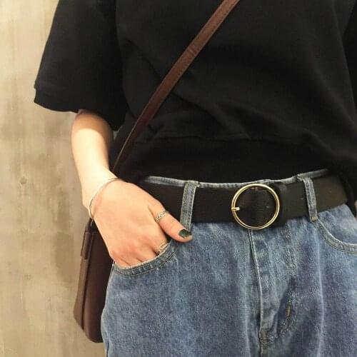 Korean magazine street shooting trend wild single product simple round metal PU leather womens wide belt round buckle belt