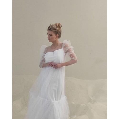 Fashion Casual White Women Dress Square See Thru Tulle A-line Dress Summer Puff Sleeve Dresses Pleated Plus Size Custom Made