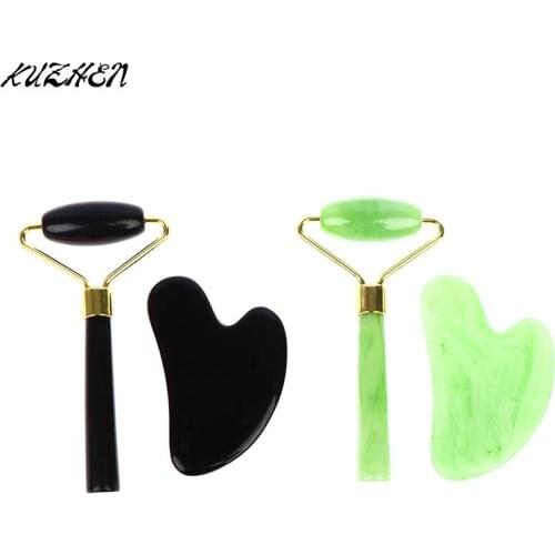 2PCS Green Red Jade Roller Massager for Face Natural Stone Slimming Lift Massage Facial Tool for Chin Neck Beauty Skin Care Tool