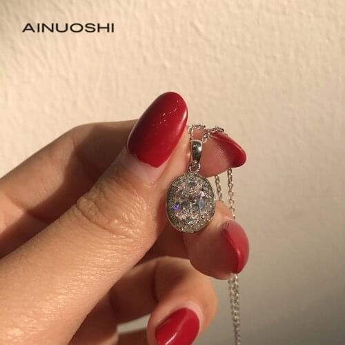 AINUOSHI 925 Sterling Silver Oval Cut 1.25ct Simulated SONA Diamond Halo Classic Pendant Necklace for Women Party Jewelry Gift