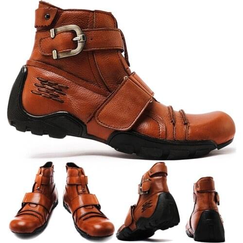 Genuine Leather Shoes Vintage Tooling Dark Wings Male Motorcycle Boots Quality Round Red Men Casual Ankle Boots Brown Slip-on