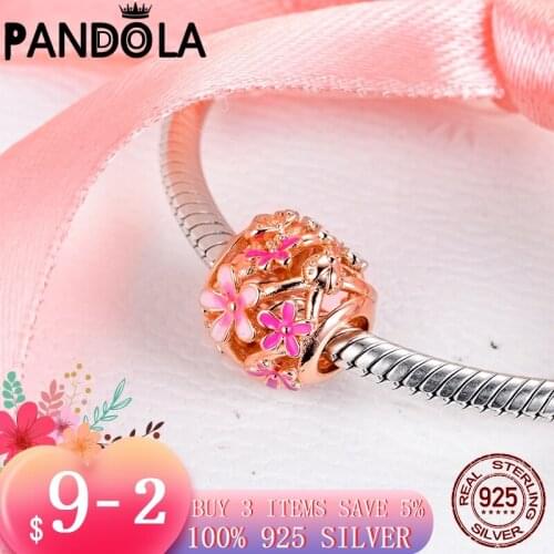 925 Sterling Silver & Rose Gold Plated Openwork Pink Daisy Flower Charms Beads Fit Original Pandora Charms Bracelet DIY Jewelry